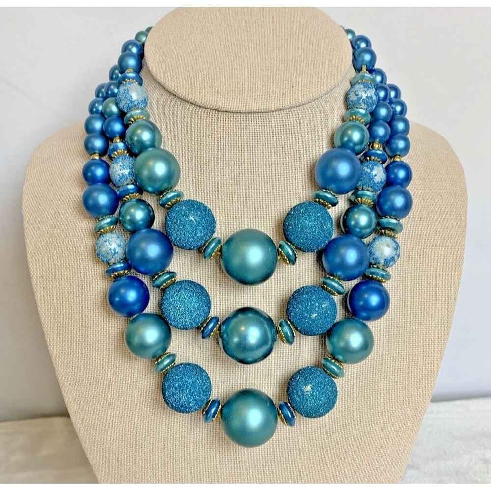 Vintage Blue Sugar Bead Multi Strand Statement Necklace Atomic Mod Retro Glam